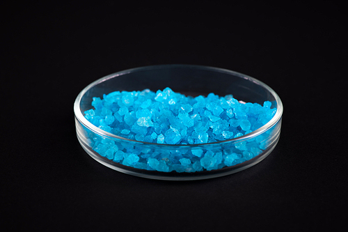 Close up shot  of blue crystals in petri dish, isolated on black background, chemical lab concept