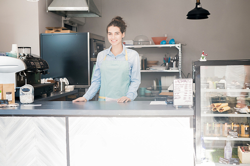 Portrait of smiling female barista wearing apron  while standing at counter in small coffee shop or cafe, copy space