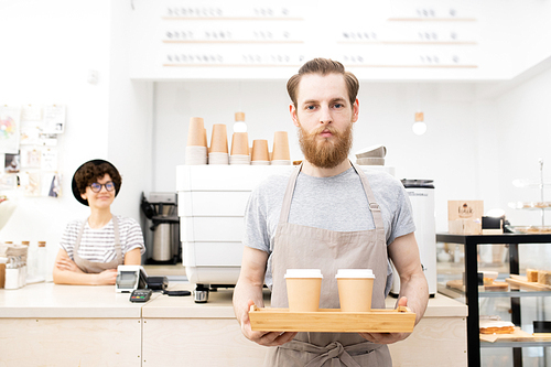 Serious handsome bearded man in apron standing against counter with espresso machine and , he carrying tray with takeout coffee cups