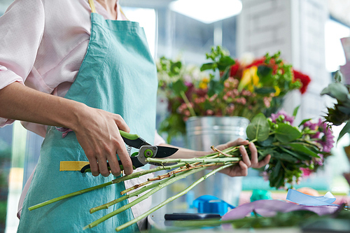 Mid section portrait of unrecognizable female florist cutting stems on flowers while arranging bouquets in shop, copy space