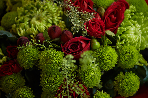 Beautiful bouquet of green and red flowers