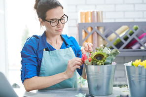 Waist up portrait of smiling female florist arranging flower compositions at counter in shop, copy space