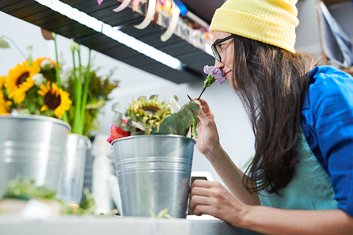 Side view portrait of modern young woman wearing beanie hat arranging compositions and smelling flowers while working in shop, copy space