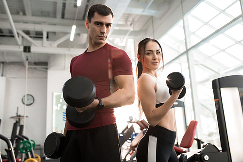 Waist up portrait of fit sportive couple posing with dumbbells  in modern gym lit by sunlight