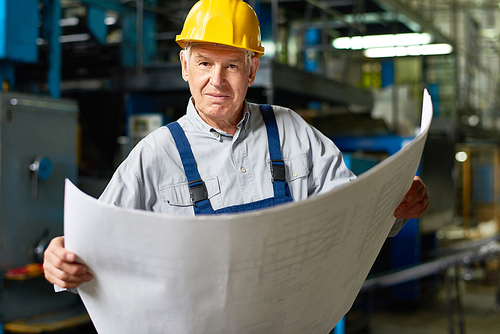 Waist-up portrait of senior factory worker wearing overall and hardhat  while studying blueprint, blurred background