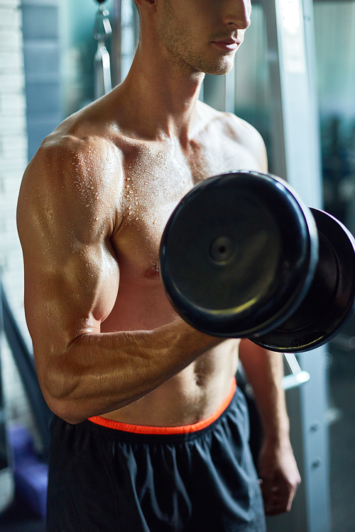Mid-section portrait of unrecognizable muscular sportsman working out with dumbbells in modern gym