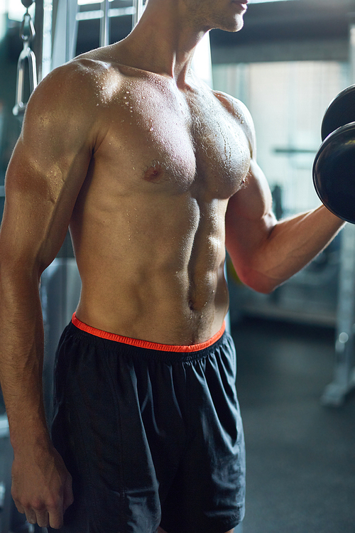 Mid-section portrait of unrecognizable muscular sportsman working out with dumbbells in modern gym, focus on bare torso