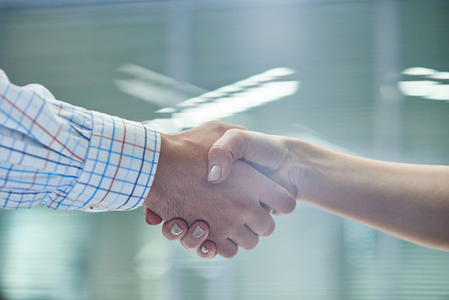 Close up view of two unrecognizable business people, man and woman,  shaking hands in office after successful deal