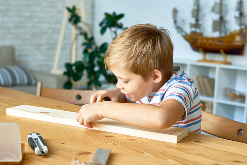 Portrait of cute little boy working with wood sitting at high table and smiling, making wooden model