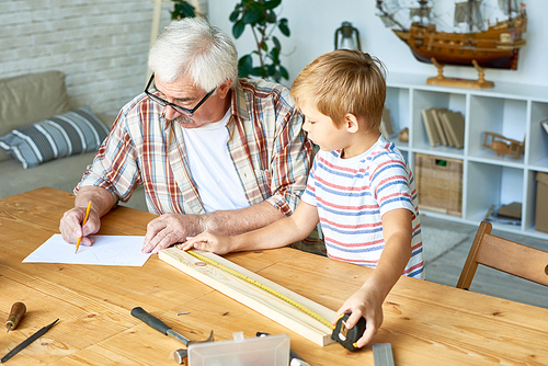 Portrait of white haired senior man  teaching his grandson woodwork sitting at table in studio