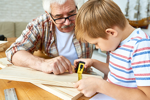 Portrait of nice senior man helping little boy build birdhouse, teaching him woodwork at table in studio