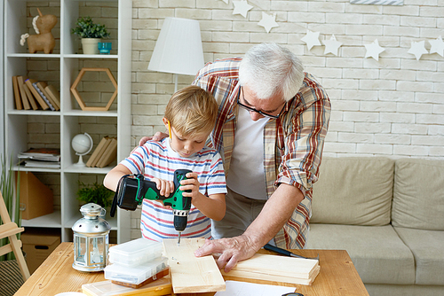 Portrait of senior man helping little boy make wooden model, teaching him carpentry in living room at home
