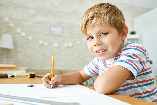 Portrait of cute little boy  and smiling while sitting at desk doing homework, copy space