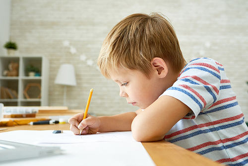 Side view portrait of diligent little boy writing or drawing carefully sitting at desk and doing homework, copy space