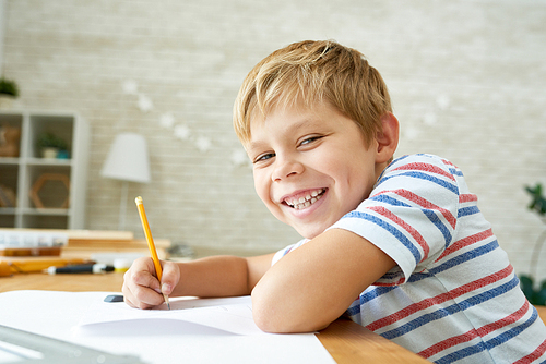 Portrait of happy little boy   writing or drawing carefully sitting at desk and doing homework, copy space