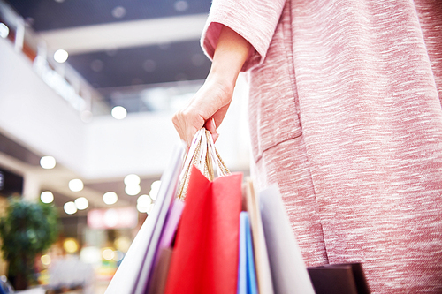 Closeup of young woman holding paper bags with purchases while shopping in mall