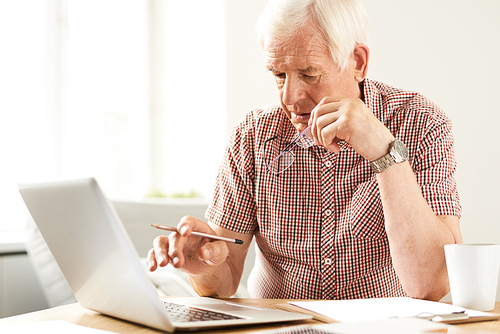 Portrait of modern senior man using laptop at home working and filling in papers