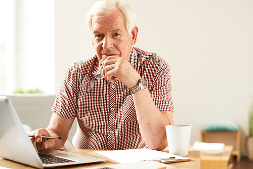 Portrait of modern senior man using laptop at home working and , smiling