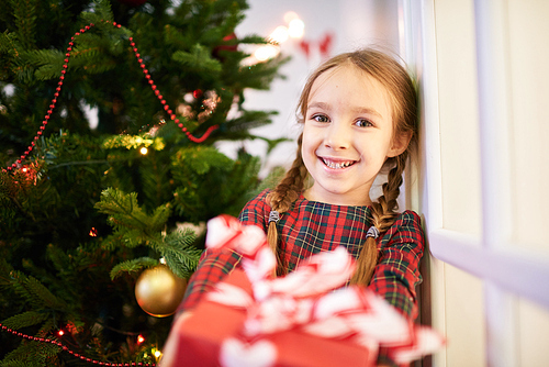 Joyful little girl  with toothy smile while passing gift box to someone, decorated Christmas tree on background