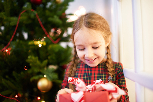 Smiling little girl wearing tartan dress opening gift box while standing at decorated Christmas tree, portrait shot