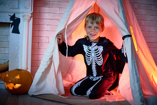 Portrait of cute little boy wearing Halloween costume playing in decorated tent by carved pumpkins