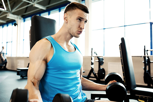 Portrait of strong man pumping arm muscles doing exercises with heavy dumbbells during workout in modern gym