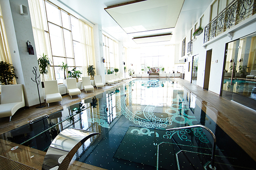 Background image of designer swimming pool interior  in luxury SPA center , no people