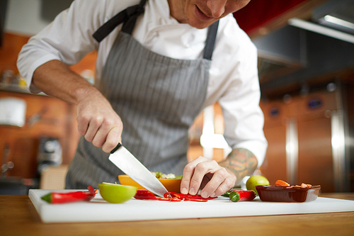 Mid section portrait of professional chef cutting vegetables in restaurant, copy space