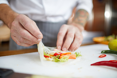 Closeup of professional chef making vegetable rolls while cooking in restaurant kitchen, copy space