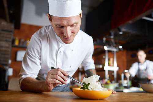 Portrait of professional chef plating Asian dish in restaurant, copy space