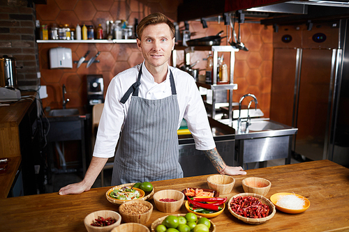Portrit of handsome chef posing standing at table with spices, copy space