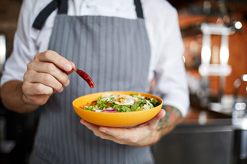 Mid section portrait of unrecognizable chef putting hot chili pepper in salad, copy space