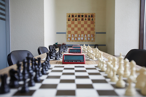 Well organized chess classroom at chess club in perfect order before start of chess classes