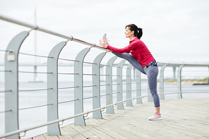 Side view portrait of active mature woman stretching legs outdoors while jogging on pier, copy space