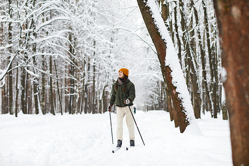 Full length portrait of active young woman skiing alone in beautiful winter forest enjoying snow, copy space