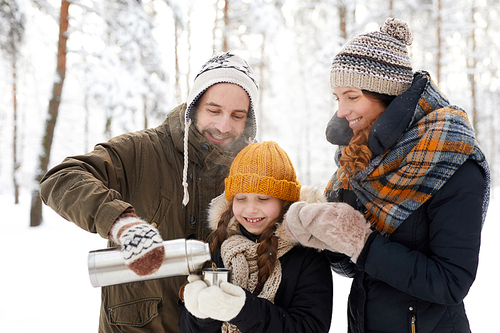 Waist up portrait of happy family drinking hot tea in winter forest, copy space