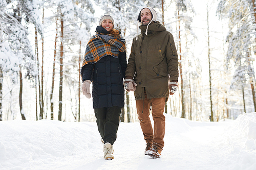 Full length portrait of happy couple holding hands in winter forest and walking towards camera, copy space