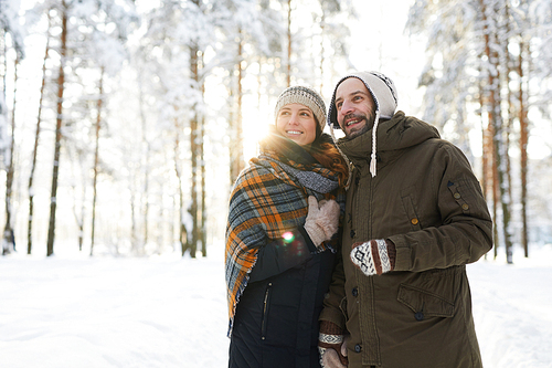 Waist up portrait of happy couple embracing in winter forest looking away dreamily, copy space