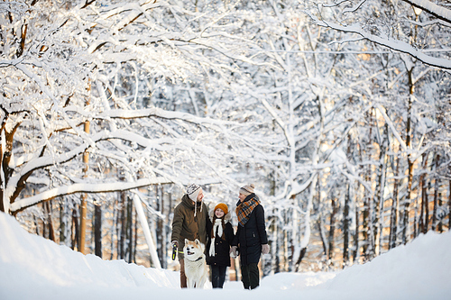 Wide angle portrait of happy family walking dog in winter forest, copy space