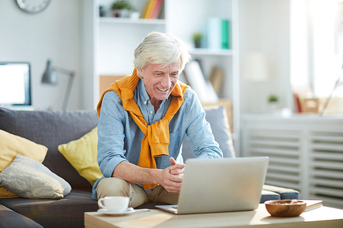 Portrait of contemporary senior man smiling happily looking at laptop screen at home, copy space