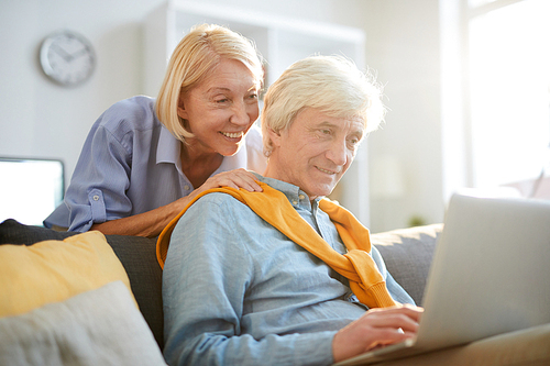 Portrait of contemporary senior couple using laptop at home lit by sunlight, copy space