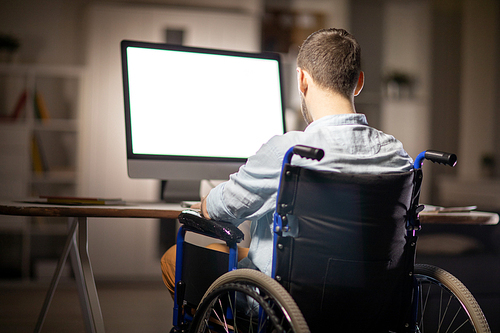 Back view of handicapped businessman sitting in wheelchair by desk in front of computer monitor and concentrating on work