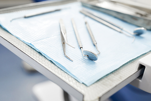 Closeup of metal dental tools and instruments lying on table in dentists office, copy space