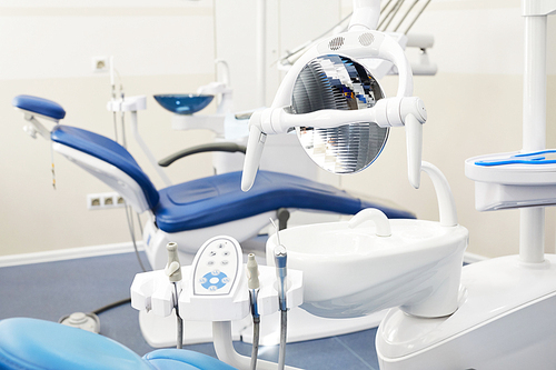 Background image of dental chair and equipment in empty dentists office, copy space