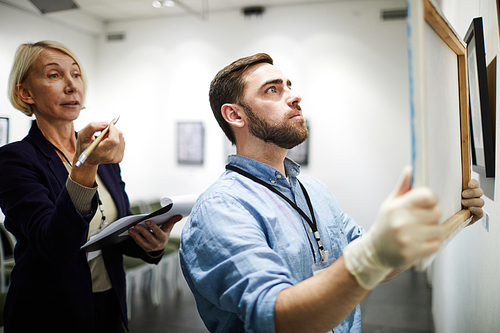 Side view portrait of two museum workers hanging pictures in art gallery, copy space