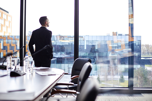 Elegant businessman in formalwear looking through large window in conference hall