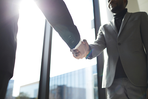 Close-up of confident business partners in suits standing at panoramic window and making handshake after concluding deal