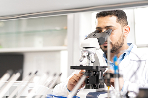 Serious busy young Arabian biological scientist with beard using microscope while studying cell in laboratory