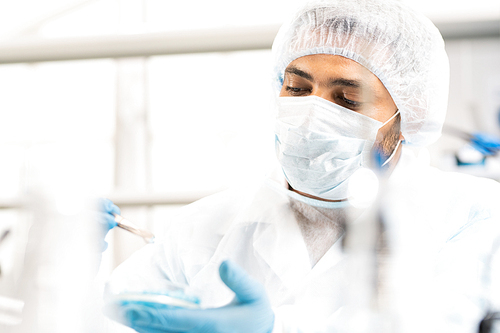 Serious busy young Arabian laboratory worker in sterile cap and mask viewing medical sample while studying virus