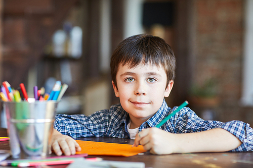 Portrait of smiling boy painting pictures sitting at table, copy space